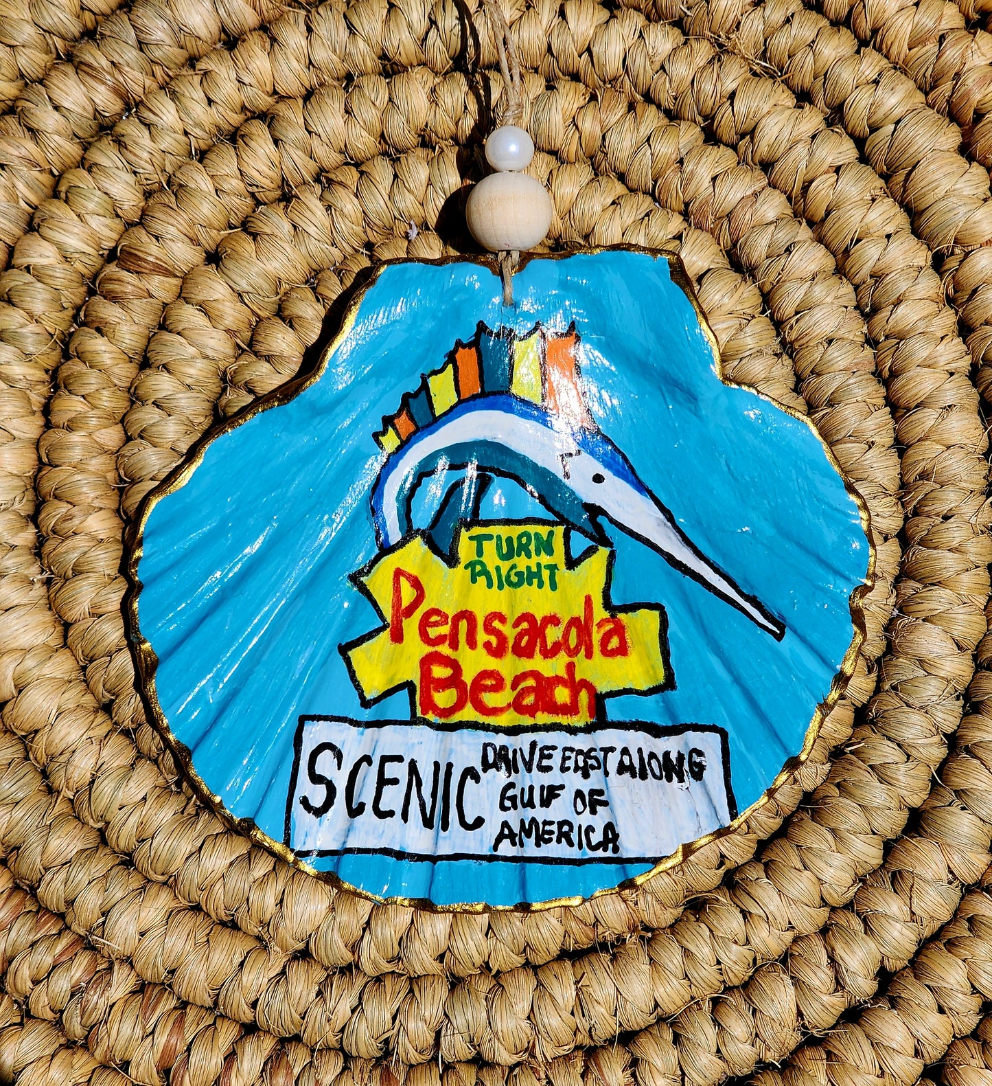 Pensacola Beach Sign Ornament Flat Scallop Shell