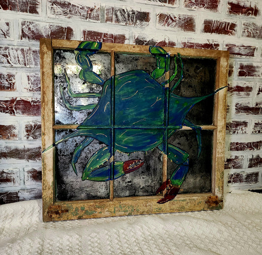 Blue Crab Painted on Antique Window
