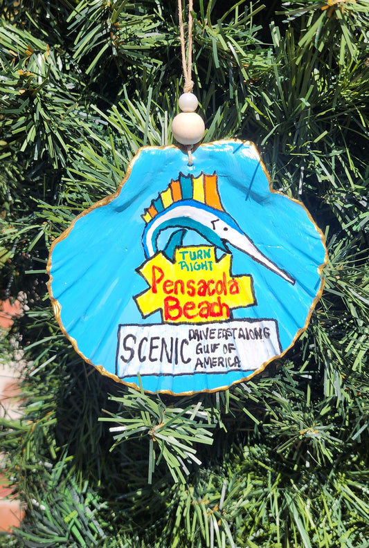 Pensacola Beach Sign Ornament Flat Scallop Shell